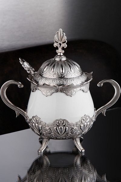 WuuQ Porcelain Sugar Bowl with Lid, Spice Bowl - Silver