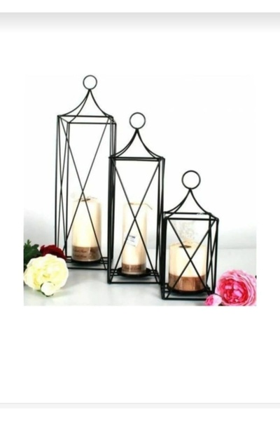 METALAY Metalay Dekoratif 3'lü Set Ferforje Kafes Fener Mumluk Boyutlar: Boy:64-50-33 En:17-15-13 946