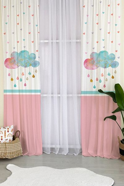 milroma Raining Cloud Patterned Children's Room Background Curtain-pink