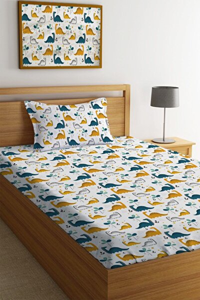 Evmila Dinozor Desen Baskılı Tek Kişilik Ve Bebek Boy Lastikli Çarşaf Seti Beyaz