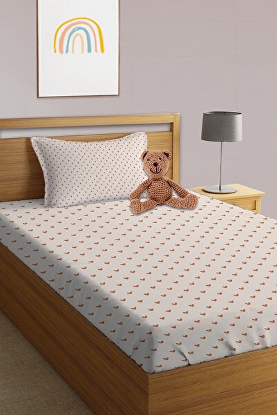 Evmila طقم ملاءة مطاطية مطبوعة بنمط قلب لشخص واحد وطفل باللون الأبيض