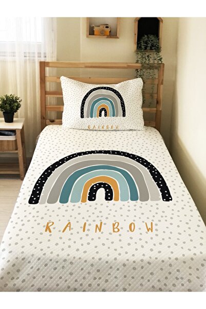 Evmila Gökkuşağı Desen Puantiyeli Bebek Ve Çocuk Baskılı Tek Kişilik Pike Tak...