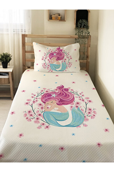 Evmila Deniz Kızı Desenli Bebek Ve Çocuk Baskılı Tek Kişilik Pike Takımı 160x...