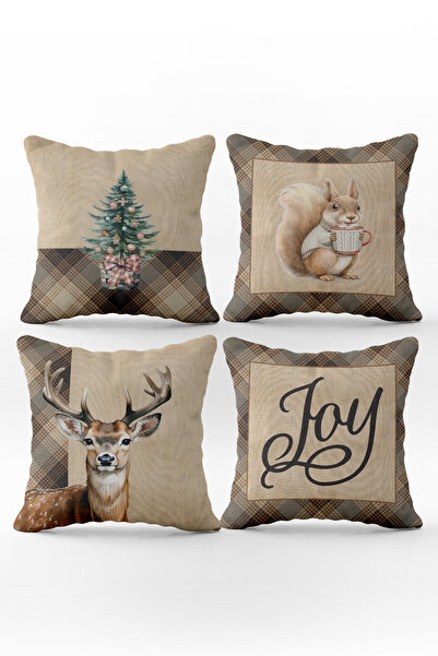 Evmila Çift Taraf Baskılı Kadife Doku Yılbaşı Desenli 4'lü Kırlent Seti