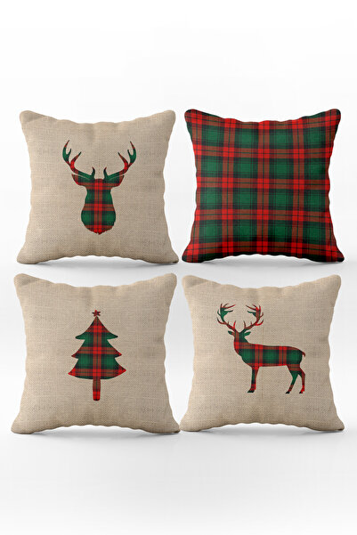 Evmila Çift Taraf Baskılı Kadife Doku Yılbaşı Desenli 4'lü Kırlent Seti