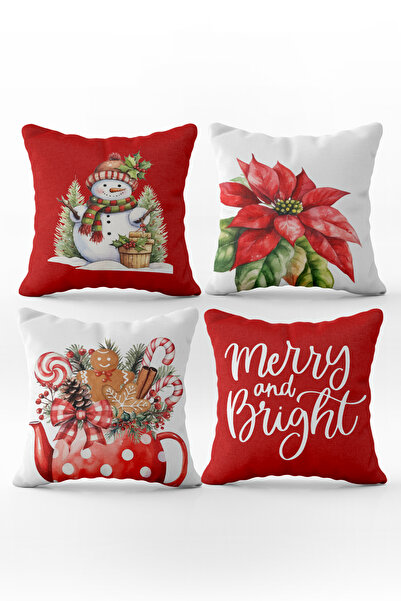 Evmila Çift Taraf Baskılı Kadife Doku Yılbaşı Desenli 4'lü Kırlent Seti