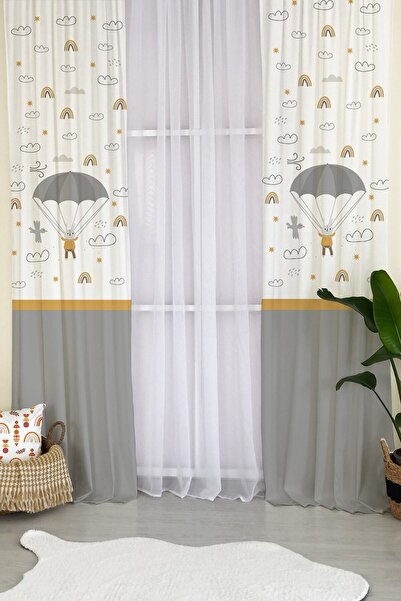 milroma Parachuting Rabbit Patterned Children's Room Background Curtain