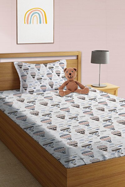 Evmila White Single Fitted Sheet Set - Flying Balloon Pattern Printed