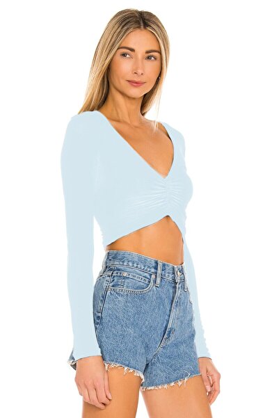 By Kul Design Синій V-подібний комір Шовковий джерсі Жіночий кроп-топ