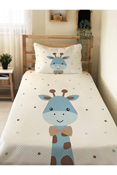Evmila Mavi Zürafa Desenli Bebek Ve Çocuk Baskılı Tek Kişilik Pike Takımı 160...
