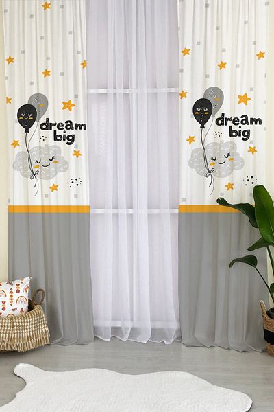 milroma Cloud Holding Balloons Patterned White and Gray Children's Room Background Curtain
