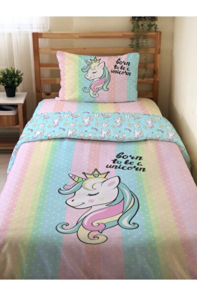 Evmila Çift Taraflı Unicorn Desenli Çarşafsız Takım Baskılı Tek Kişilik Nevre...