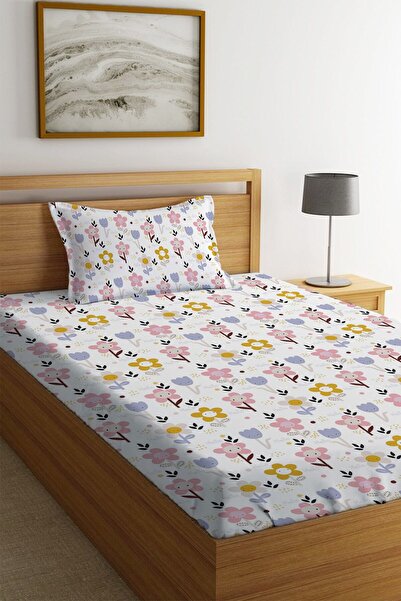 Evmila Λευκό Σετ Σεντόνια Μονά με Λάστιχο - Με Τυπωμένο Σχέδιο Λουλουδιών