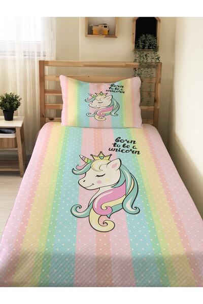 Evmila Unicorn Desenli Bebek Ve Çocuk Baskılı Tek Kişilik Pike Takımı 160 X 2...