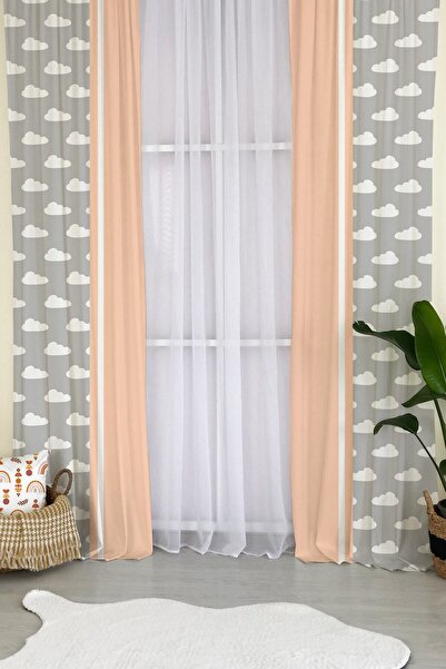 milroma Κουρτίνα φόντου παιδικού δωματίου με σχέδιο σύννεφα - γκρι και πορτοκαλί