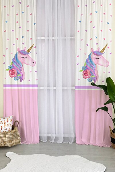 milroma Unicorn Desenli Çocuk Odası Fon Perde-pembe