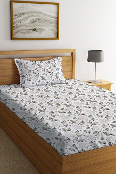 Evmila White Single Fitted Sheet Set - Rabbit and Floral Pattern