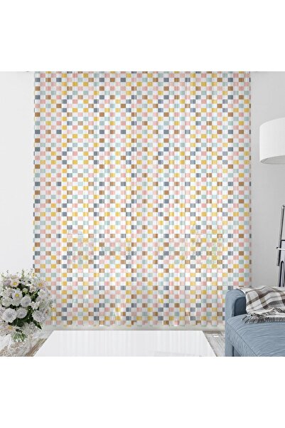 Evmila Baskılı Bebek Ve Çocuk Odası 140x260 Cm Kare Desenli Tül Perde - Renkli