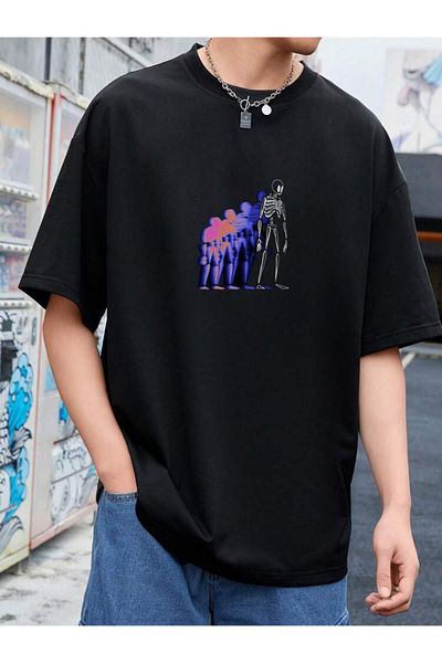 DEEPSENCE Unisex Shadow Skull Printed Oversize Black T-shirt
