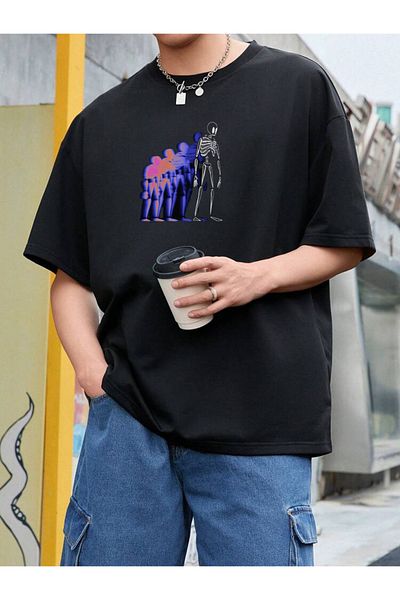 DEEPSENCE Unisex Shadow Skull Printed Oversize Black T-shirt