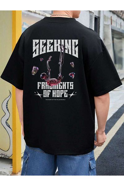 DEEPSENCE Unisex Seeking Back Printed Oversize Black T-shirt