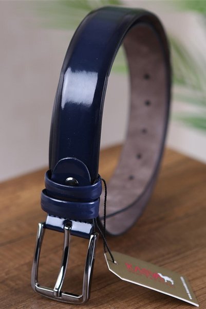 KASVA DERİ 3.5 Cm Navy Blue Patent Leather Plain Artificial Classic Belt