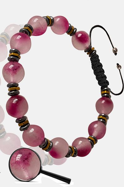 Tesbih Atölyesi Certified Rose Hematite Pink Colored Quartz Stone Bracelet - Adjustable