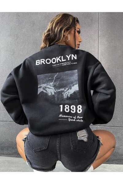 Elvino Black Brookllyn 1898 Printed Crew Neck Oversize Unisex Sweatshirt