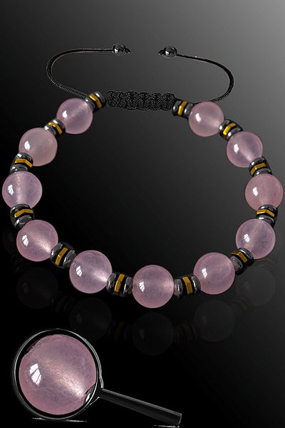 Tesbih Atölyesi Certified Rose Real Hematite - Pink Quartz Stone Bracelet - Adjustable