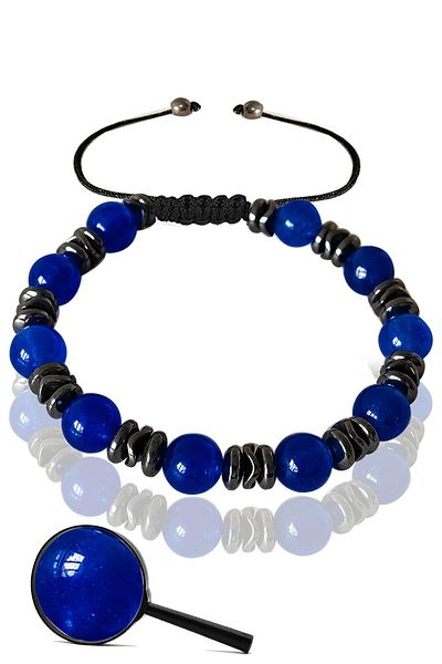 Tesbih Atölyesi Certified Real Hematite - Blue Agate Stone Bracelet - Adjustable