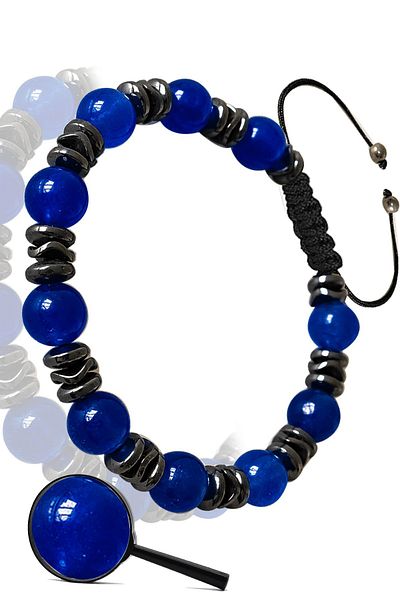 Tesbih Atölyesi Certified Real Hematite - Blue Agate Stone Bracelet - Adjustable