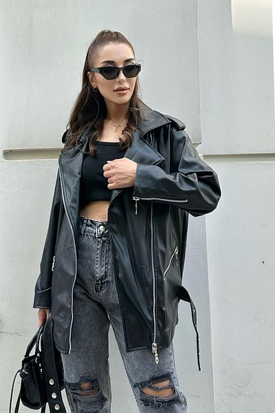CIQULATA Black Zipper Belted Leather Jacket