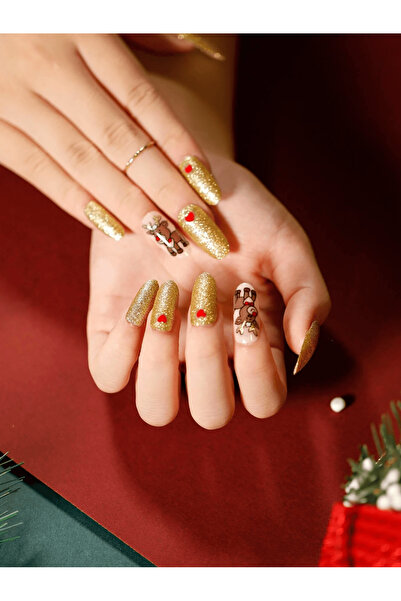 TipsArt Yılbaşı Desenli Simli Düz 24’lü Takma Tırnak Seti ve Zararsız Yapıştırıcı