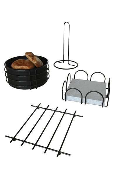 METALAY Bread Towel Holder Napkin Holder Trivet Round Bread Bowl Black Stainless 4-Piece Kitchen Presentation Set