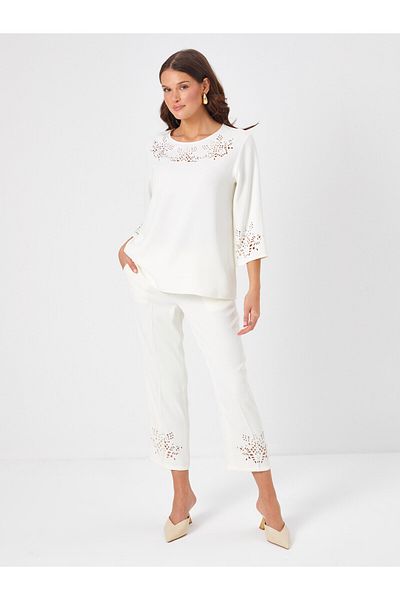 Faik Sönmez Hole Work Detailed Round Neck 3/4 Sleeve Blouse 68153