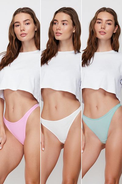 Trendyol Collection Ekrü-rózsaszín-zöld 3 csomagos pamut tangával kötött bugyi THMSS23KU00045