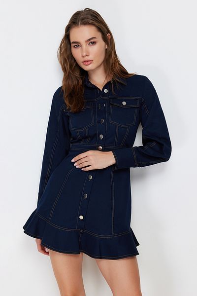 Trendyol Collection Μίνι υφαντό πουκάμισο με λεπτομέρεια μπλε ναυτικού φόρεμα TWOAW23EL01424
