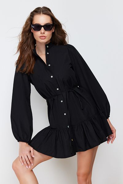 Trendyol Collection Černé mini tkané košilové šaty s dlouhým rukávem TWOAW24EL00795