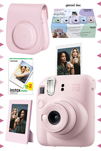 Fujifilm Instax mini 12 Pembe Fotoğraf Makinesi-20'li Film-Çerçeve ve Deri Kı...