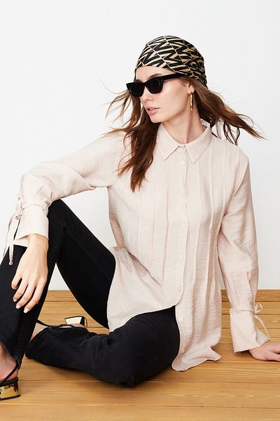 Trendyol Modest Stone Pleated Sleeves Lacing Detailed Woven Shirt TCTSS24TG00036