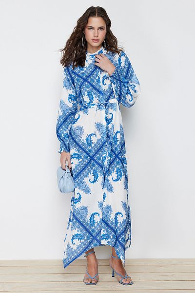 Trendyol Modest Blauer asymmetrischer Rock mit Schalmuster, detailliertes, gebundenes Webkleid TCTSS24EB00101