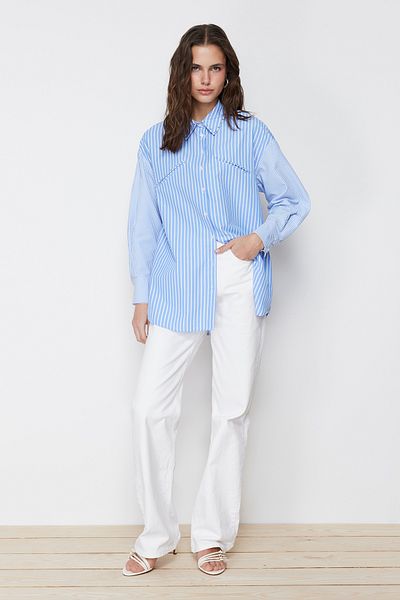 Trendyol Modest Cămașă cu dungi din bumbac cu detalii Blue Stone TCTSS24TG00034