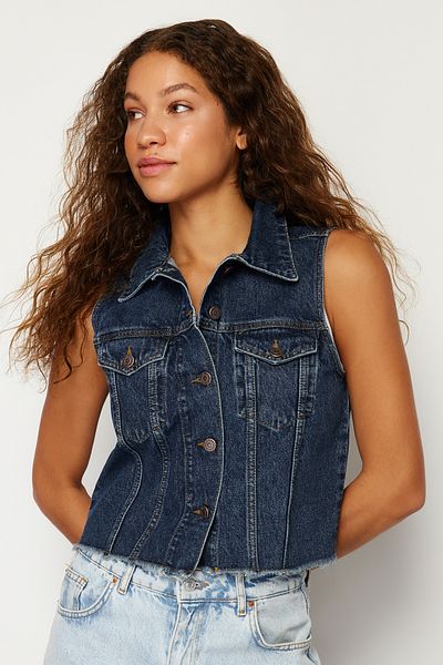 Trendyol Collection Tmavě modrá Udržitelnější Crop Denim Vesta Twoss24Ye00029