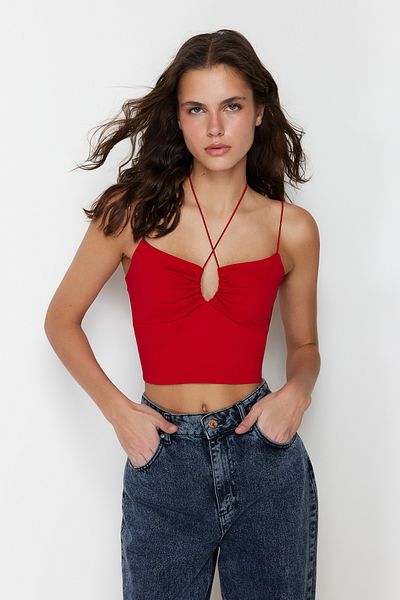 Trendyol Collection Червона майка на бретелях зі спагеті Бавовняна еластична майка Crop Orme TWOSS23AL00046