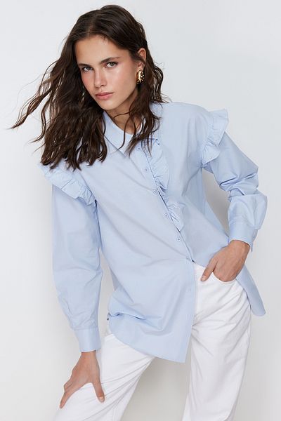 Trendyol Modest Cămașă din bumbac cu detalii de perle albastru deschis TCTSS24TG00011
