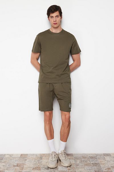 Trendyol Collection Khaki Printed Regular Fit Pletené šortky Sada pyžama TMNSS24PT00009