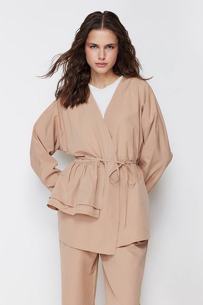 Trendyol Modest Beige Cotton Woven Kimono Trousers Top and Bottom Set TCTSS24US00027