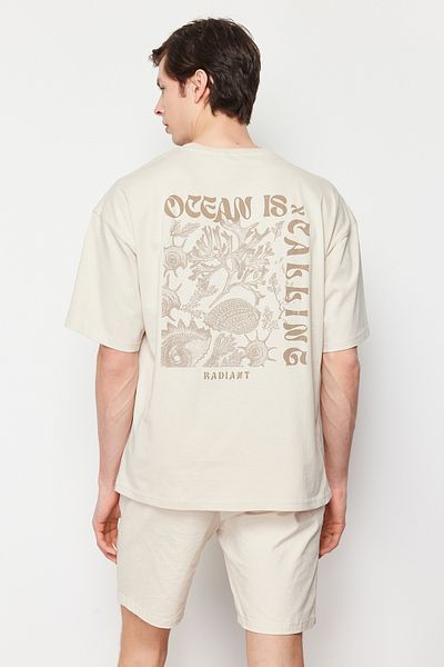 Trendyol Collection Beiges, übergroßes, bedrucktes Baumwoll-T-Shirt - TMNSS24TS00052