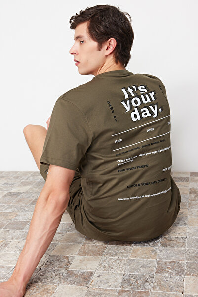 Trendyol Collection Khaki Printed Regular Fit Knitted Shorts Pajamas Set TMNSS24PT00009