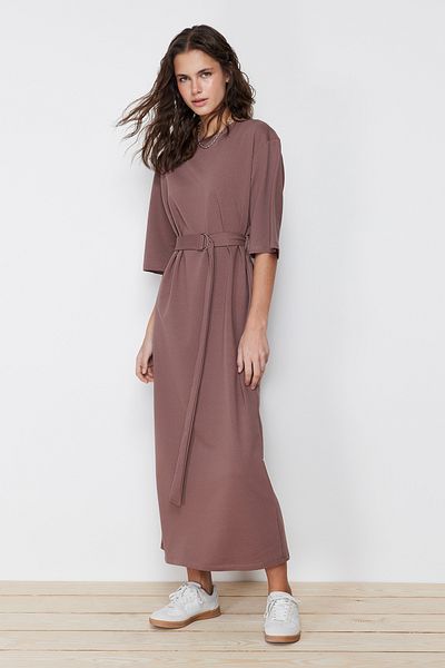 Trendyol Modest Καφέ πλεκτό φόρεμα με μισό μανίκι TCTSS24EB00108